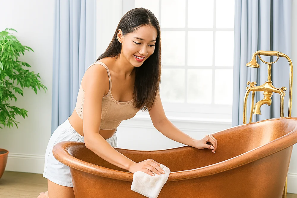 Hướng Dẫn Vệ Sinh và Bảo Dưỡng Bồn Tắm Đồng (Từ A đến Z) 23 Chăm sóc bồn tắm mỗi ngày chỉ với 2 bước rửa sạch và lau khô