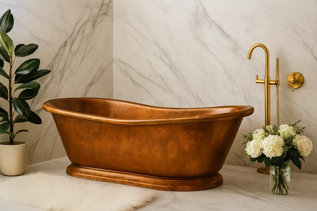7+ Ý Tưởng Thiết Kế Phòng Tắm Master Sang Trọng Với Bồn Tắm Đồng Su ket hop kinh dien giua ve am ap cua dong va su sang trong tinh khoi cua da marble trang