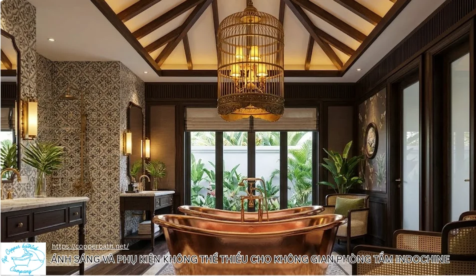 Ánh sáng và phụ kiện không thể thiếu cho không gian phòng tắm indochine