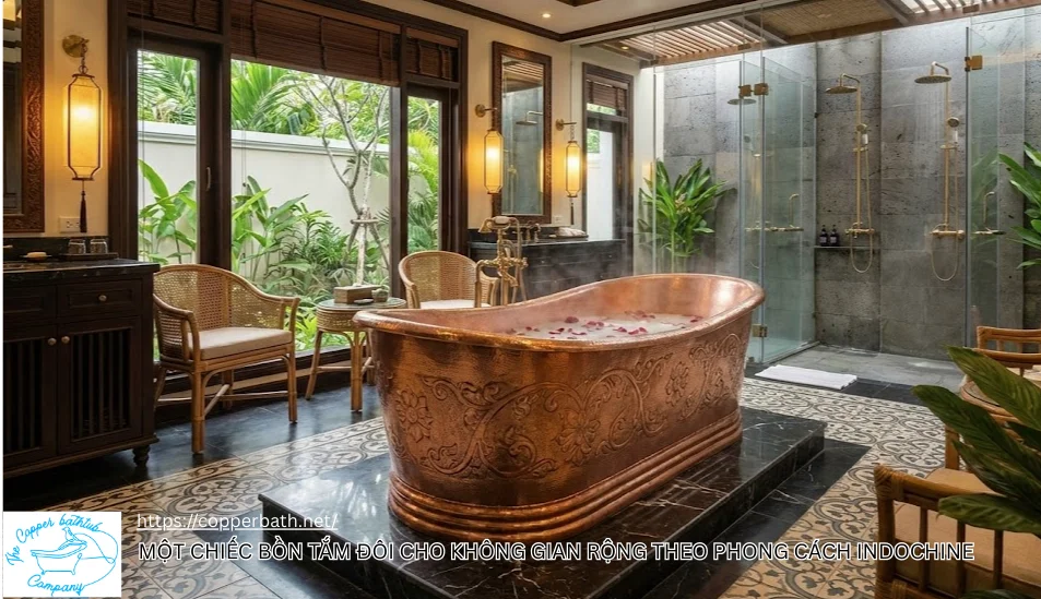 Phong Cách Indochine (Đông Dương): Tại Sao Bồn Tắm Đồng Là Mảnh Ghép Hoàn Hảo? Mot chiec bon tam doi cho khong gian rong theo phong cach indochine