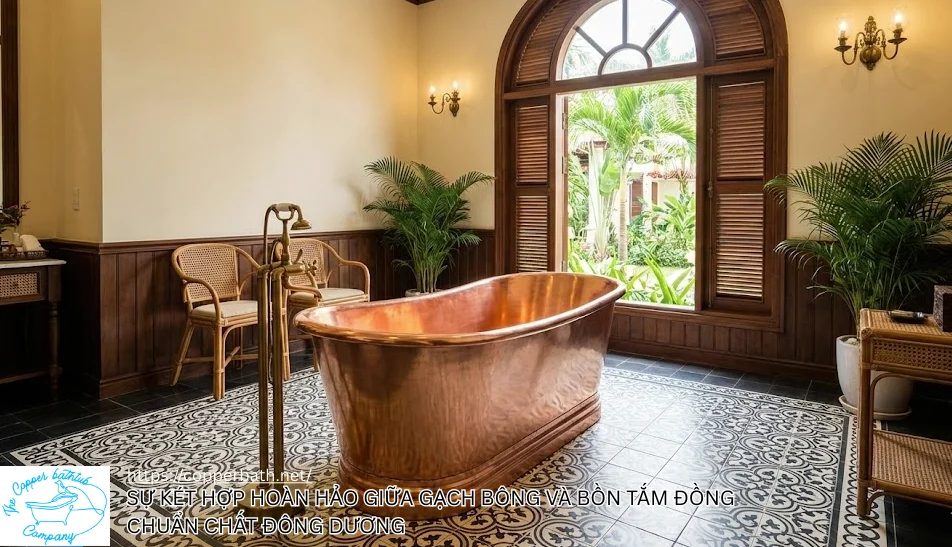 Phong Cách Indochine (Đông Dương): Tại Sao Bồn Tắm Đồng Là Mảnh Ghép Hoàn Hảo? Su ket hop hoan hao giua gach bong va bon tam dong chuan chat dong duong