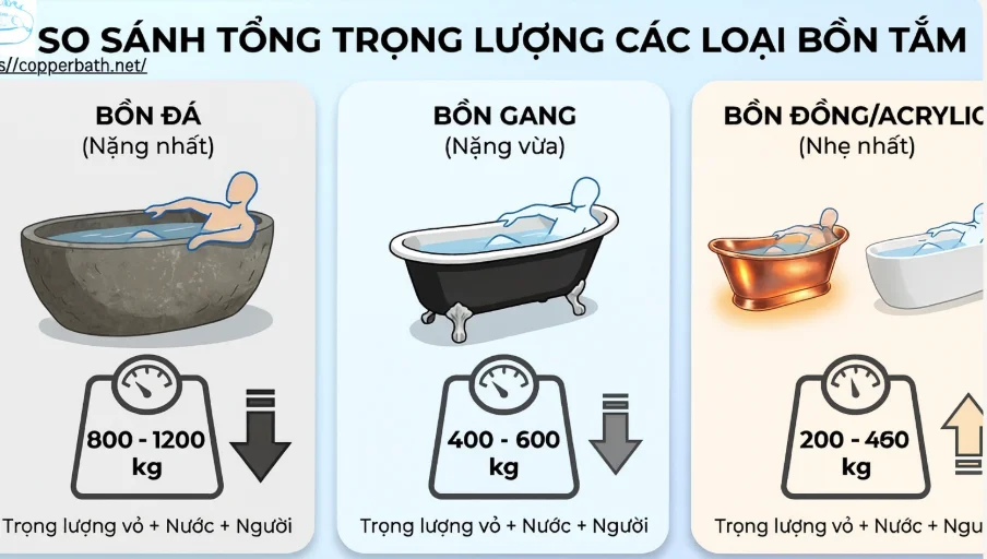 Trọng Lượng Bồn Tắm: Sàn Nhà Có Chịu Được Bồn Nước Đầy Không? 3 Trọng Lượng Bồn Tắm: Sàn Nhà Có Chịu Được Bồn Nước Đầy Không? so sanh trong luong cac loai bon tam 1 1